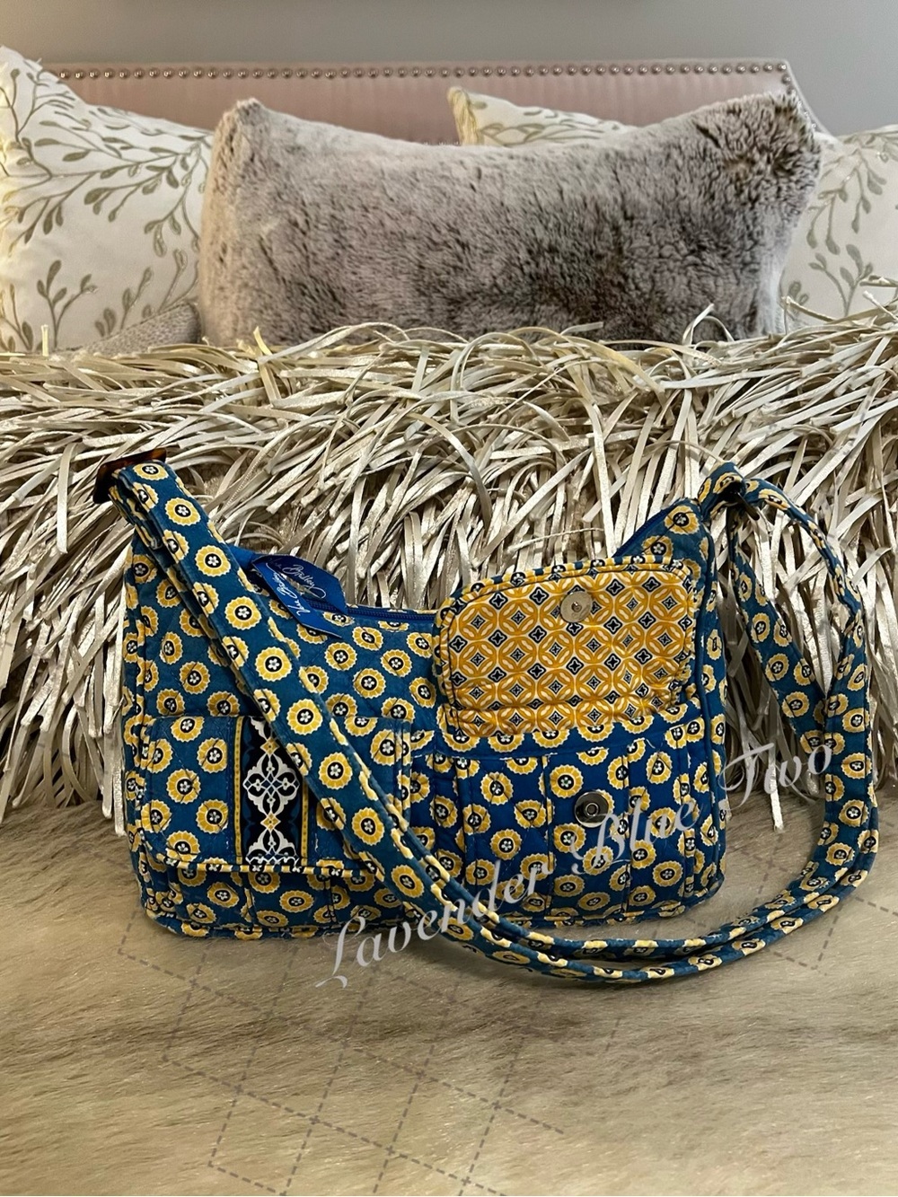 VERA BRADLEY Riviera 2008 Libby Crossbody Purse Shoulder Bag Blue Yellow Y2K - Picture 3 of 15